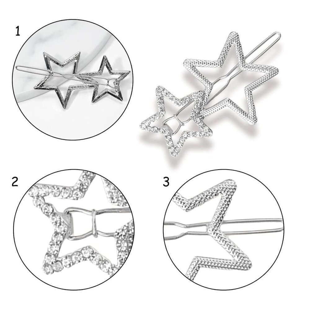 2Pcs Hollow Star Hair Clips, Non-Slip Metal Geometric Hairpin, Elegant Rhineston - Picture 3 of 6